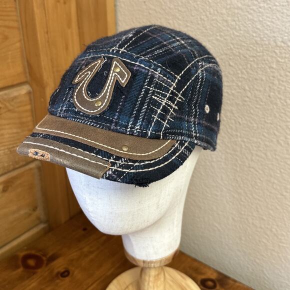 True Religion Accessories - True Religion Hat Embroidered Plaid Distressed Tweed Wool Blend Short Bill Cap